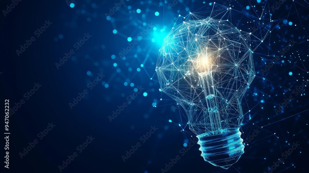 Poster abstract linked blocks and digital light bulb on technology blue background. blockchain idea concept