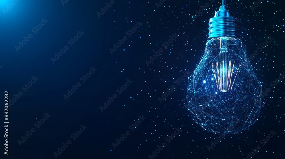 Poster abstract linked blocks and digital light bulb on technology blue background. blockchain idea concept