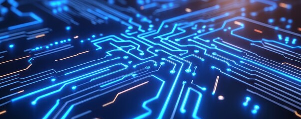 Fototapeta premium Abstract close-up of a glowing circuit board with neon lines, representing technology, innovation, and digital connectivity.