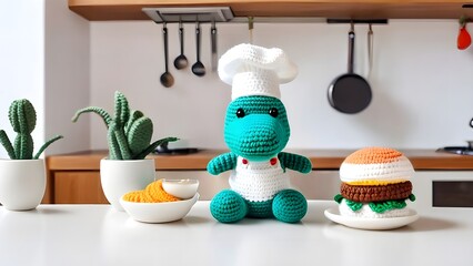 Crochet Dinosaur Chef with Burger and Kitchen Decor
