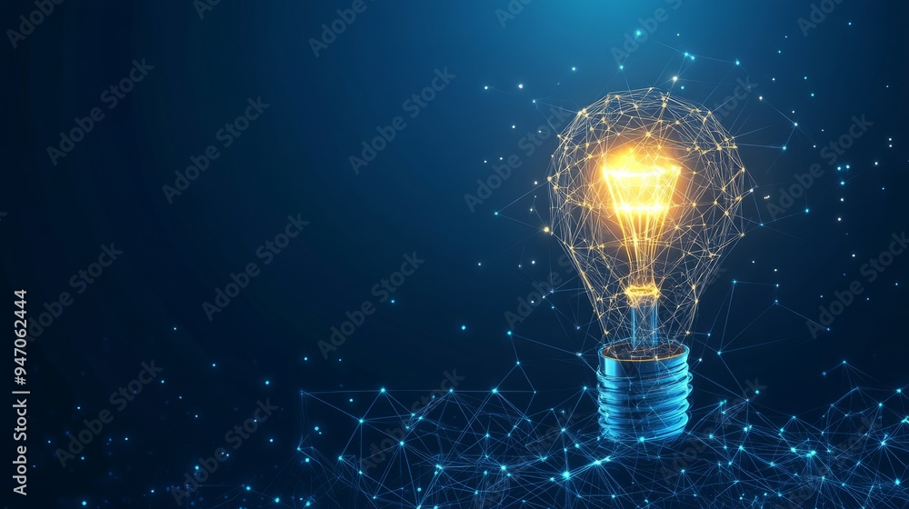 Poster abstract linked blocks and digital light bulb on technology blue background. blockchain idea concept