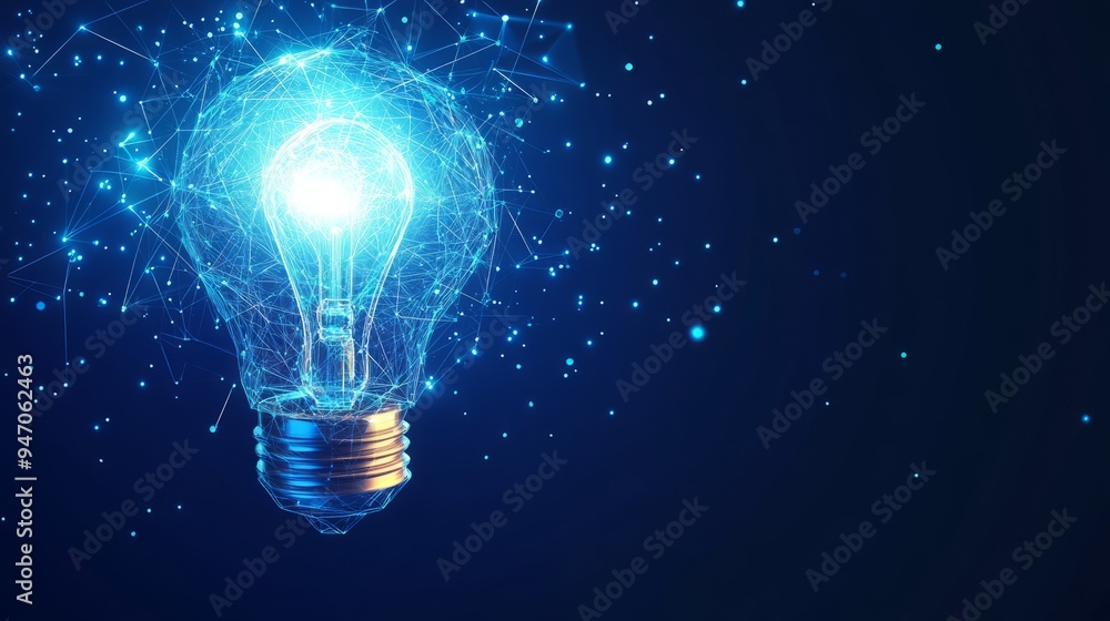 Poster abstract linked blocks and digital light bulb on technology blue background. blockchain idea concept