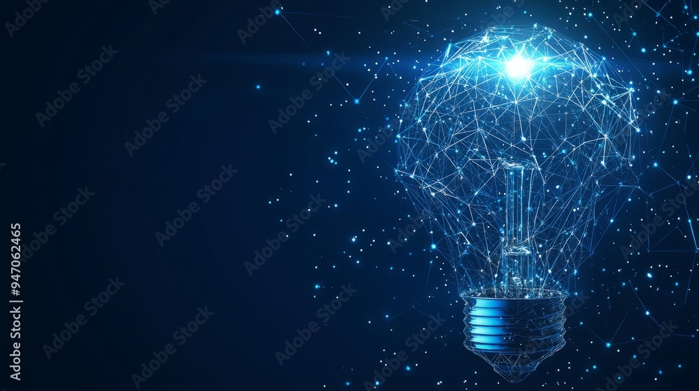 Poster abstract linked blocks and digital light bulb on technology blue background. blockchain idea concept