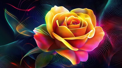 Yellow rose in an abstract art style, with geometric neon lines and bright colors, creating a striking vector illustration background