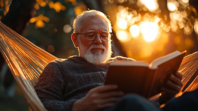Senior man enjoying a quiet moment in a hammock, reading a book under dappled sunlight