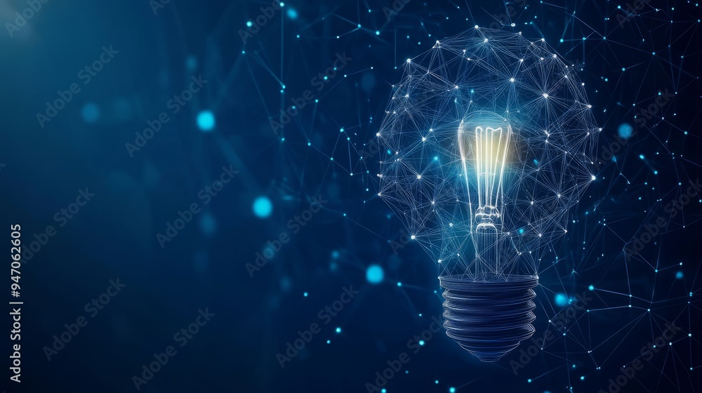 Poster abstract linked blocks and digital light bulb on technology blue background. blockchain idea concept