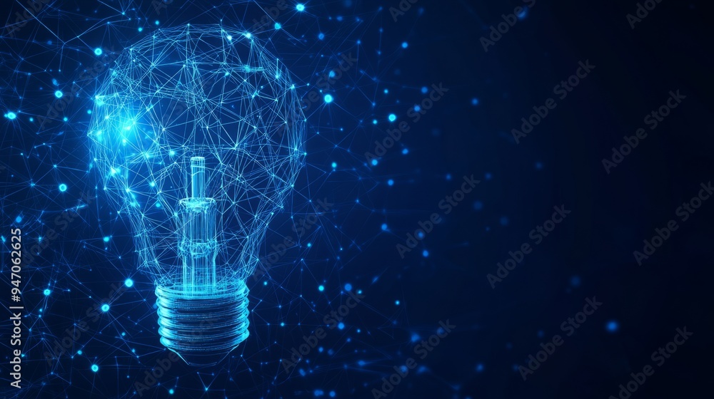 Poster abstract linked blocks and digital light bulb on technology blue background. blockchain idea concept