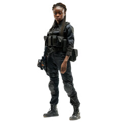 Fototapeta premium Female soldier is standing in full tactical gear, holding a rifle, with a serious expression on her face