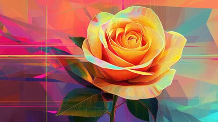 Yellow rose in an abstract art style, with geometric neon lines and a mix of bright colors, creating a captivating vector illustration