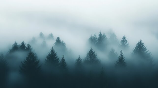 Fototapeta Misty forest landscape with tall trees emerging through dense fog, creating a mysterious and serene natural scene.