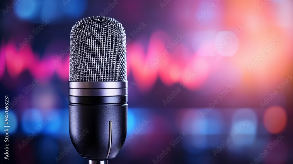 Poster a microphone is on a table with a blurry background