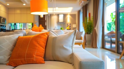 Cozy living room with orange and beige pillows.