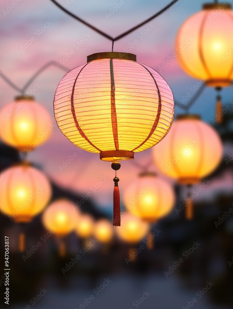 Poster beautiful illuminated lanterns glowing against a tranquil dusk backdrop, creating a serene and magic
