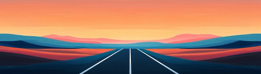 Beautiful landscape with a serene road leading into colorful mountains under a vibrant sunset sky.