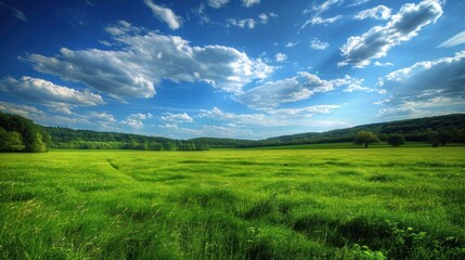 Obraz premium Sunny day with green field, blue sky and white clouds.
