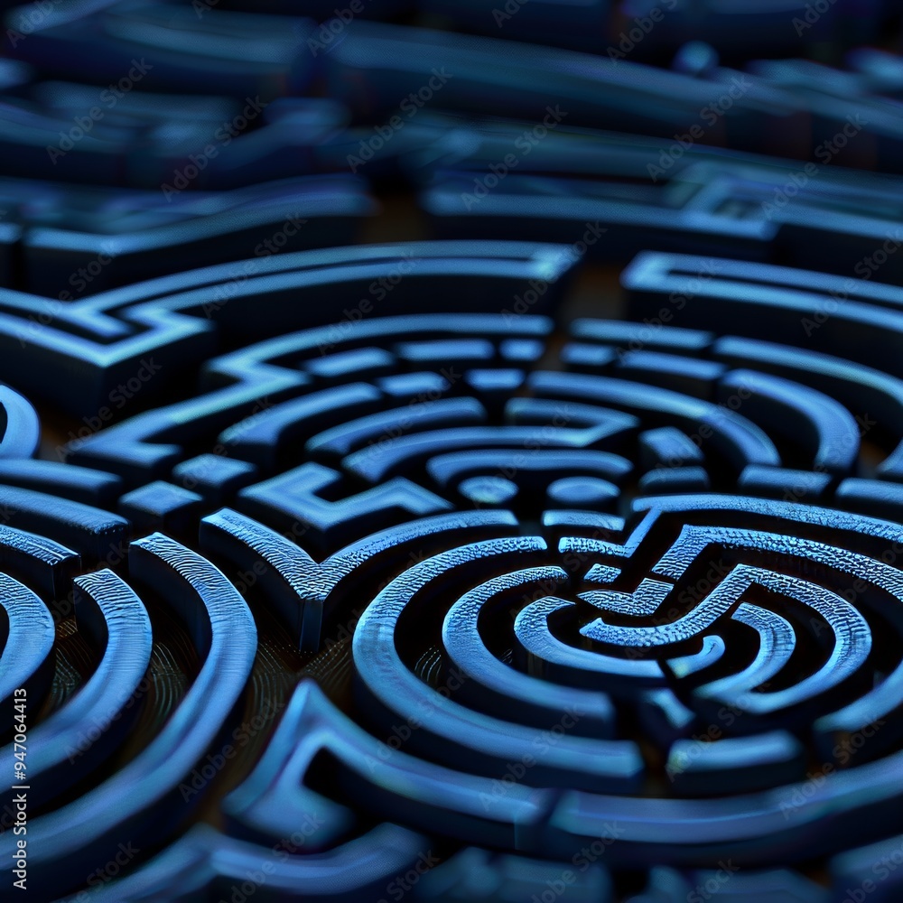 Poster blue futuristic labyrinth maze pattern with glowing lines. modern background with retro and fashion 