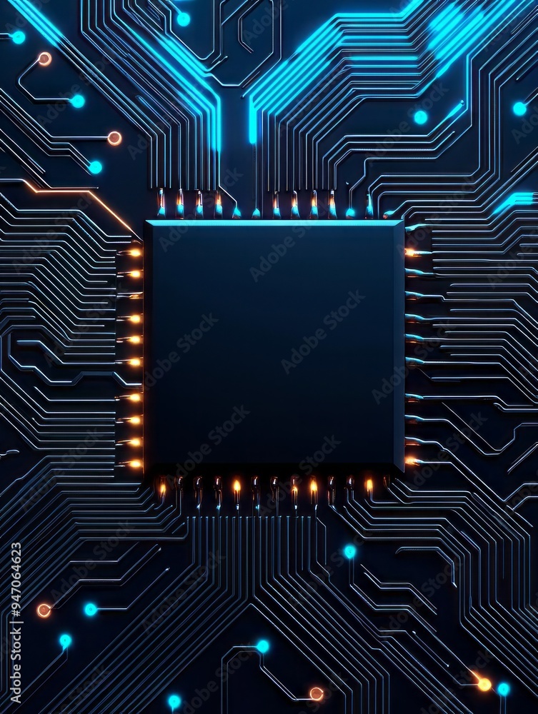 Poster close-up of a modern microchip on a circuit board, showcasing intricate designs and glowing connecti