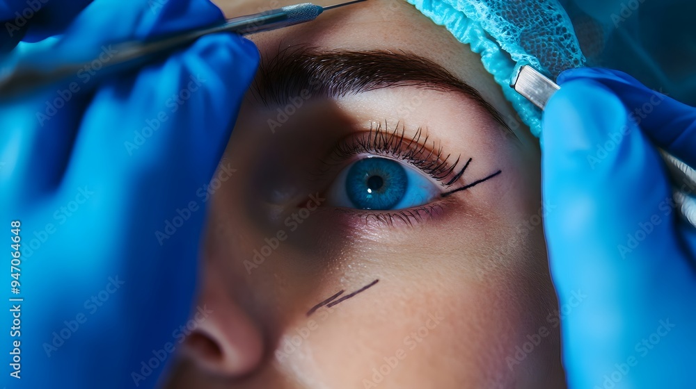 Aufkleber closeup view of a plastic surgeon marking a patient s face with lines and diagrams in for a brow lif