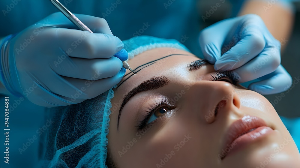 Poster closeup image of a plastic surgeon marking a patient s face with lines and markings in for a brow li