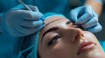 Closeup image of a plastic surgeon marking a patient s face with lines and markings in for a brow lift cosmetic surgery procedure