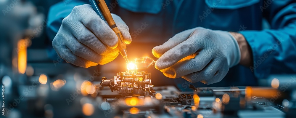 Poster close-up of hands working on a circuit board with a soldering iron, showcasing precision electronics