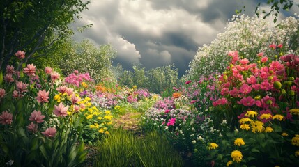 Obraz premium Lush garden with vibrant flowers under a dramatic cloudy sky, capturing the essence of nature's beauty and tranquility.