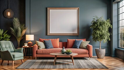 Living room with frame mockup, modern furniture, living room interior