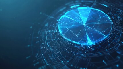 Fototapeta premium Abstract pie chart top view on technology blue background in futuristic low poly wireframe hologram style. Business analysis concept. Polygonal digital circle diagram or graph chart with 3D effect. 