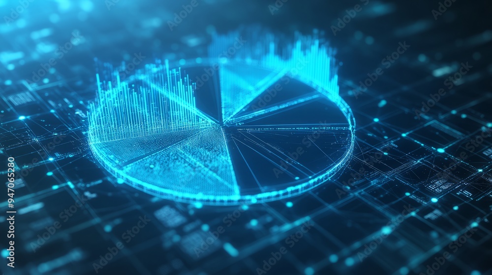 Poster abstract pie chart top view on technology blue background in futuristic low poly wireframe hologram 