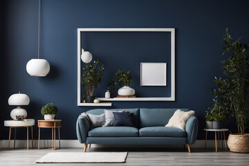 額縁のある濃紺のリビング