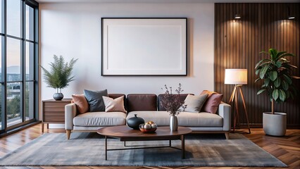 Living room with frame mockup, modern furniture, living room interior