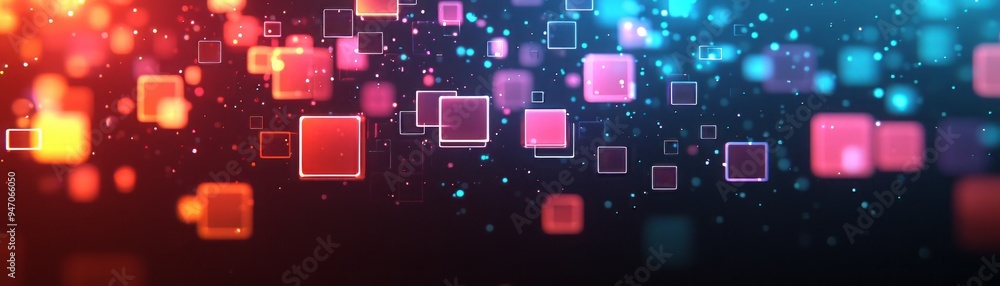 Poster colorful abstract background with glowing squares and bokeh lights, perfect for digital art and tech