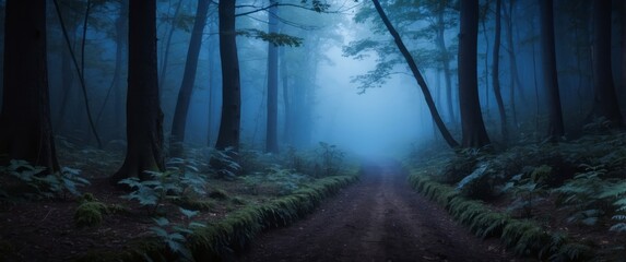 A Misty Forest Path Winding Through Tall Trees