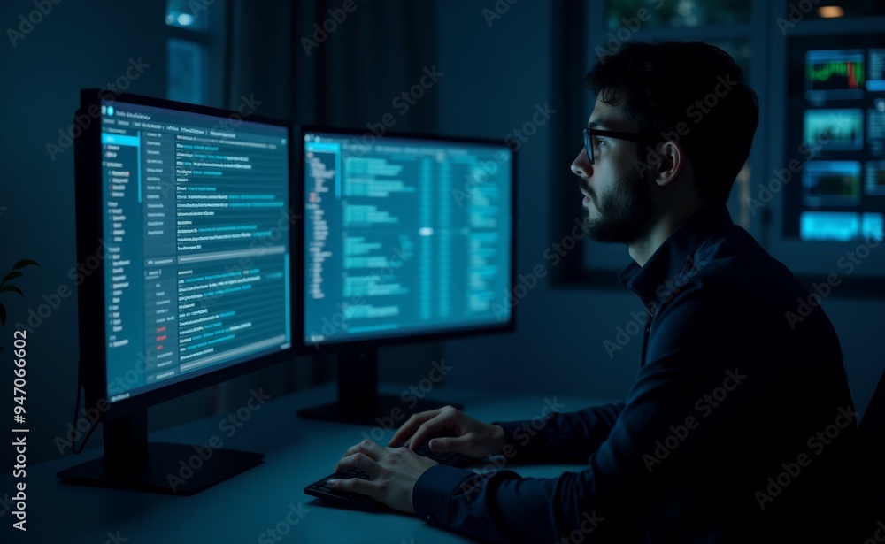Poster a man is sitting at a desk with two computer monitors in front of him