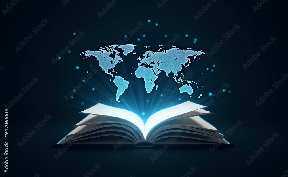 Poster a book is open to a page with a globe on it