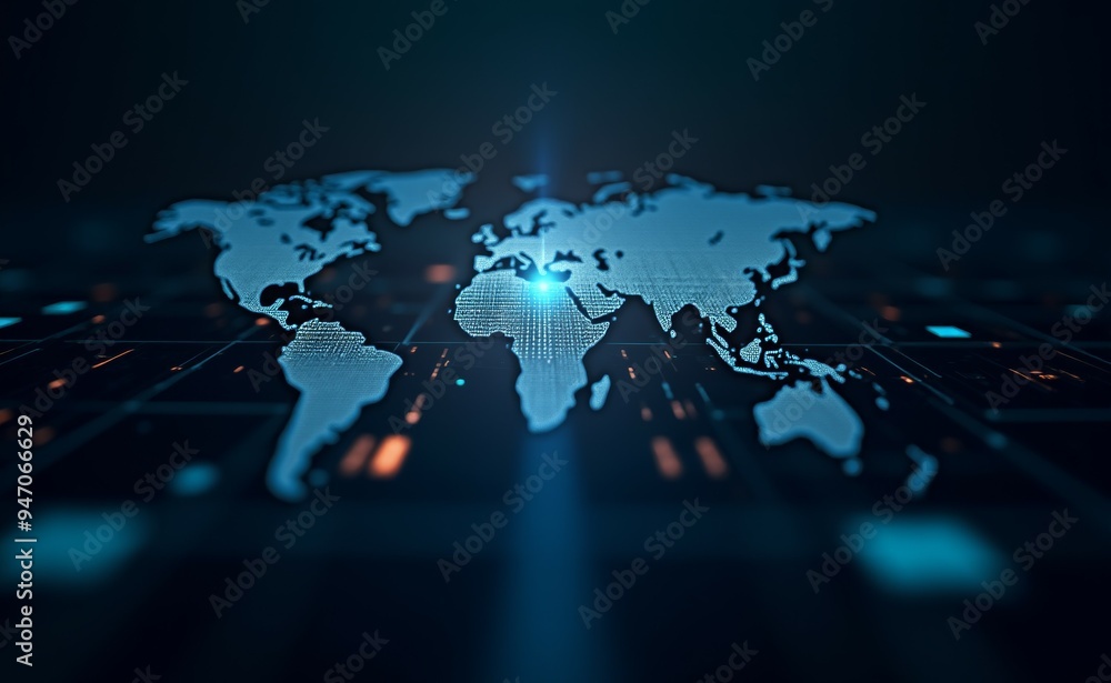 Poster a computer generated image of the world with a bright blue globe in the center