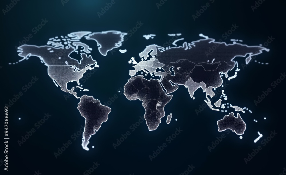 Poster a computer generated map of the world with a blue background