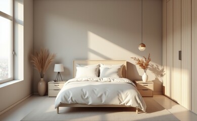 A bedroom with a white bed, a lamp, and a vase with flowers on it