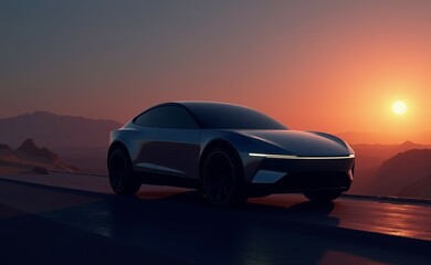 Fototapeta premium A futuristic car is driving down a road at sunset