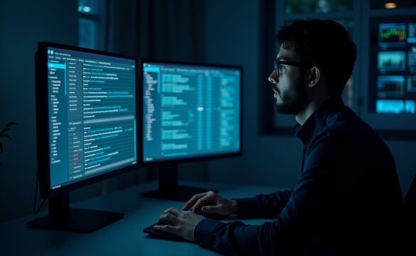 A man is sitting at a desk with two computer monitors in front of him