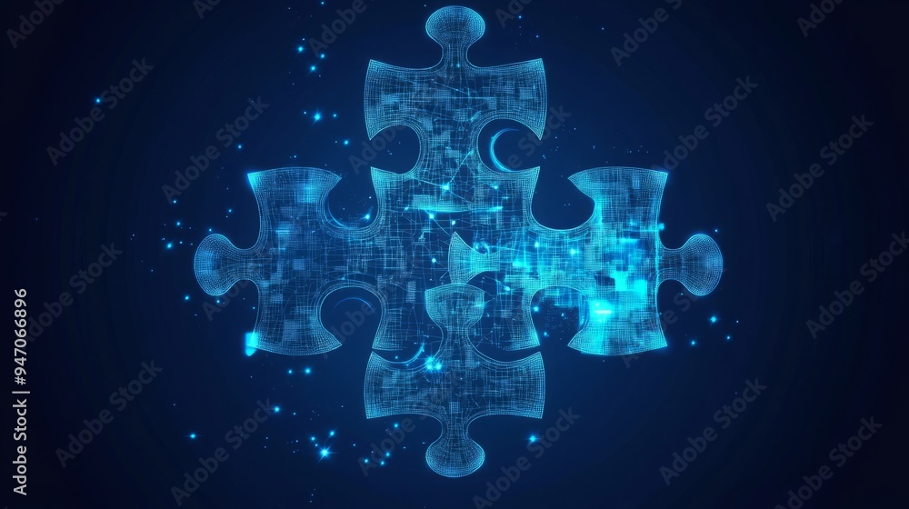 Poster abstract puzzle pieces. digital jigsaw icon. teamwork and business solution concept in a low poly wi