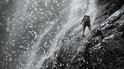 Mountaineer climbing waterfall on wet rock face