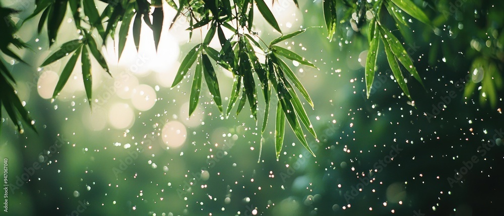 Wall mural Green Leaves with Rain and Sunlight