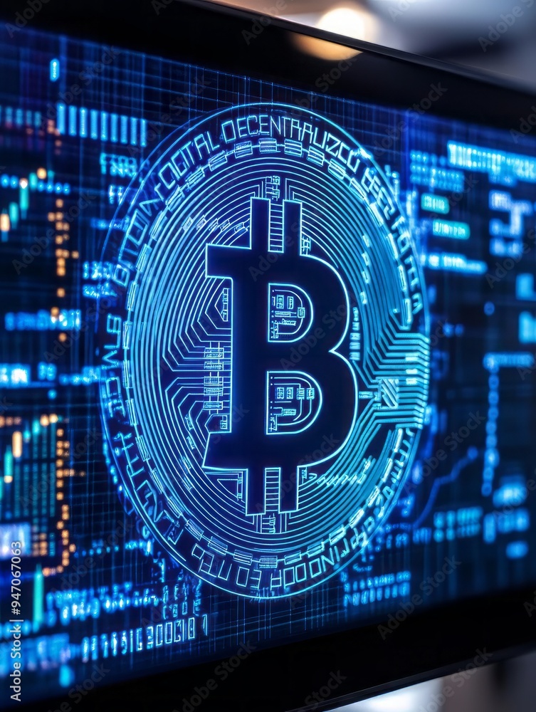 Poster digital representation of bitcoin cryptocurrency, showcasing its futuristic design and blockchain te