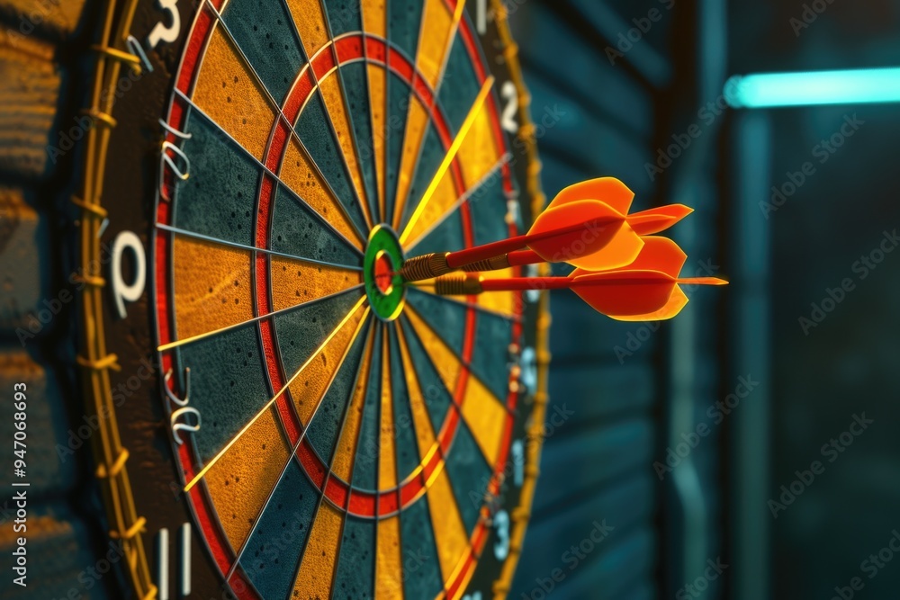 Poster A single dart hitting the center of a dart board, perfect for illustrations and graphics