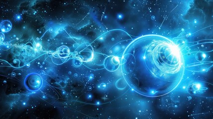 Obraz premium Abstract Blue Nebula with Glowing Stars and Orbits.
