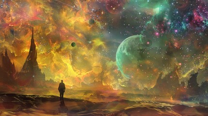 Fototapeta premium A lone figure stands on a desert planet, gazing at a vibrant nebula.