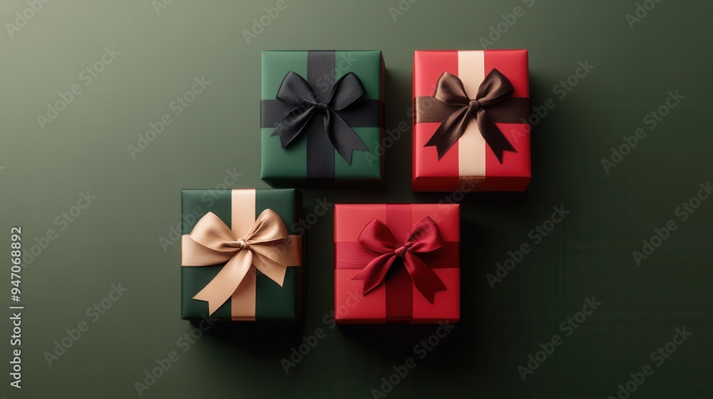 Poster colorful geometric gift boxes with vibrant bows are neatly arranged on a dark green surface, creatin