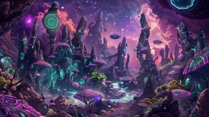 Fototapeta premium Mystical Alien Landscape with Glowing Mushrooms.