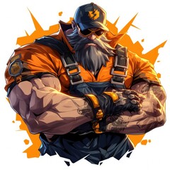 Muscular Man in Orange and Blue Work Clothes